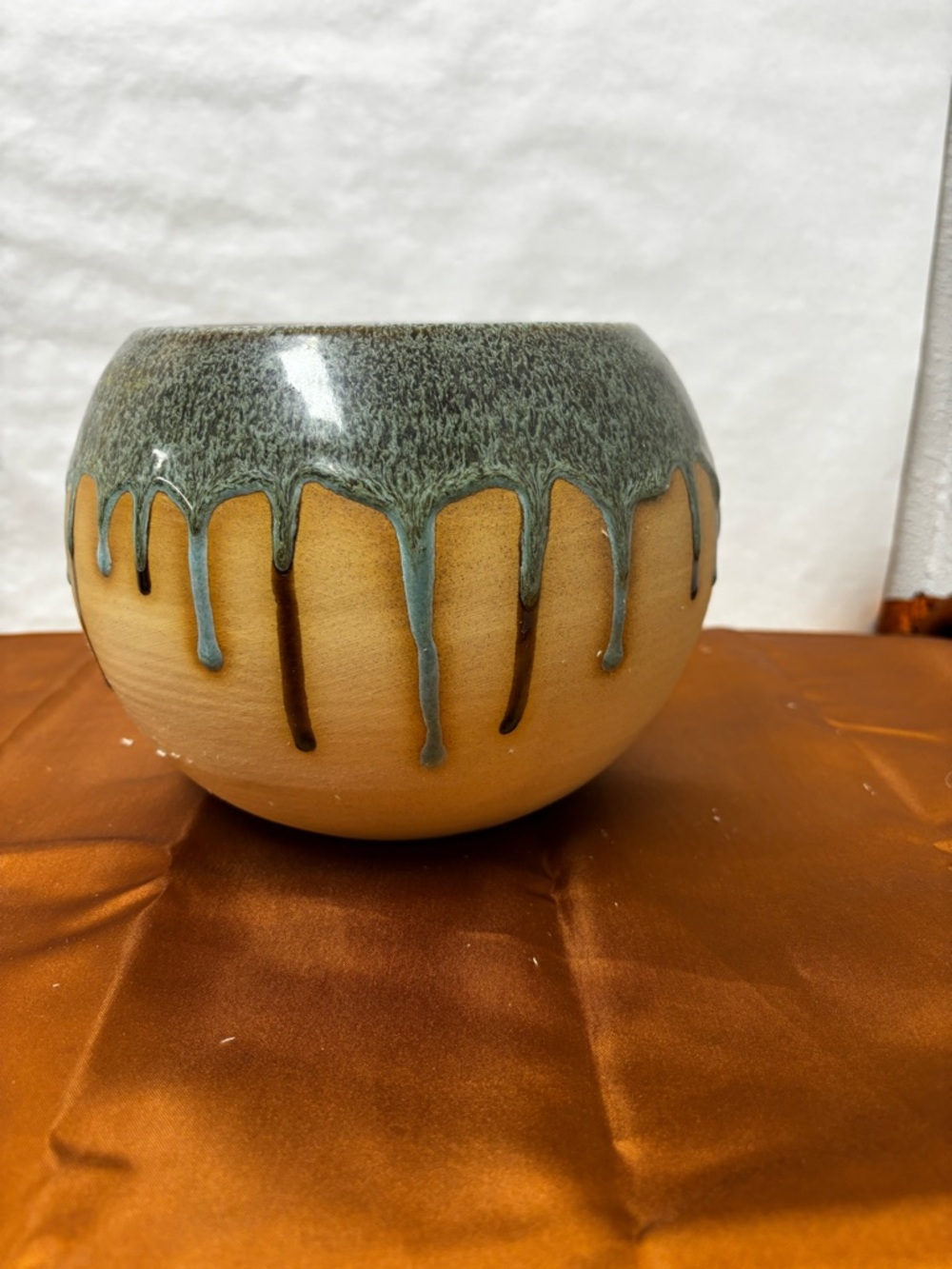 Handmade Drip Glaze Ceramic Planter/Vase in Green and Tan